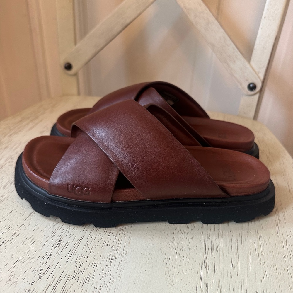 UGG Women's Capitelle Crossband Leather Slide Sandals in Cognac, 7